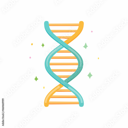 Colorful Cartoon DNA Double Helix with Sparkling Starbursts