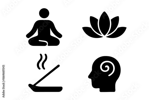 Mindfulness meditation solid icon set. Yoga zen relaxation concept. Person meditating, lotus flower, incense stick, mental health head silhouette. Spiritual balance vector.