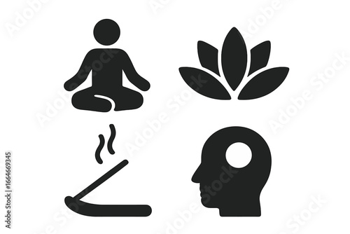 Mindfulness and meditation solid glyph icon set. Man in lotus pose, lotus flower, incense and head silhouette. Concepts for mental health, wellness, yoga, zen, calm.