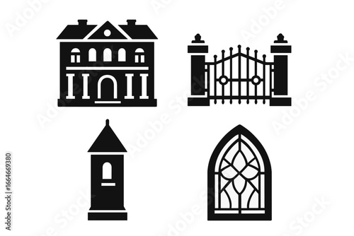 Mansion icon set. Vector glyph collection of historic building elements. Includes old house facade, iron gate, stone pillars, turret tower, and gothic stained glass window.