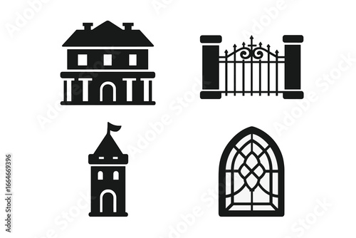Old mansion and castle icon set. Solid glyph collection of historic building elements. Includes haunted house, iron gate, stone pillar, turret tower, and gothic window vector.