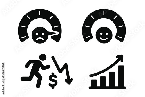 Market sentiment icon set. Fear and greed index. Investor psychology meter with emotions. Panic selling and stock market rally. Bull and bear market solid vector icons.