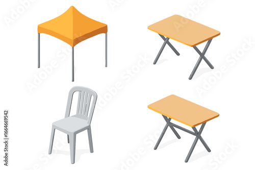 Isometric market stall equipment icons. Vector set of event furniture with canopy tent, folding table, plastic chair. For street fair, trade show, exhibition, camping gear.