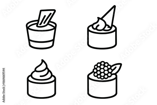 Set of mini mousse cake outline icons. Vector graphic collection of delicious desserts and pastries. Includes chocolate, whipped cream, and berry toppings for a patisserie menu.