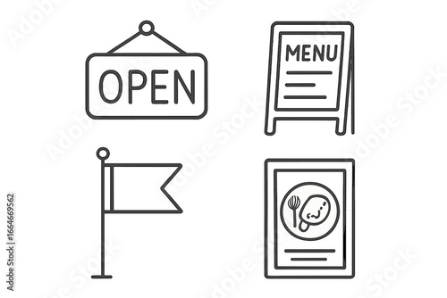 Marketing and business promotion icon set. Vector outline illustration of shop signage, including an open sign, restaurant menu board, pennant flag, and food poster.