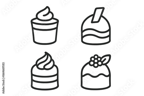 Mini mousse cake dessert outline icon set. A collection of 4 vector line art illustrations for a bakery or patisserie. Sweet food, pastry, and confectionery symbols.