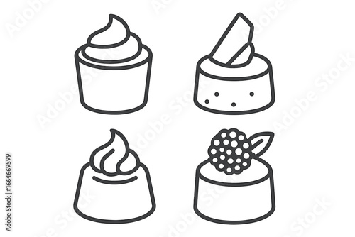 Mini mousse cake and dessert outline icon set. Vector collection of patisserie and confectionary sweets like chocolate, whipped cream, and raspberry pudding for web and print.