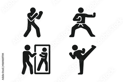 Martial arts solo training icon set. Pictograms of fighter shadowboxing, karate kata stance, mirror practice, and kicking. Vector symbols for self-defense and combat sports.