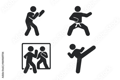 Martial arts solid icon set. Solo training, shadowboxing, kata stance, mirror training, high kick. Self-defense pictogram. Combat sport glyph vector illustration for workout.