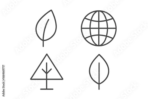 Minimalist Eco Environmental Icons Set. Thin Line Leaf, Globe, Geometric Tree Outline Design Elements for Branding. Nature Conservation, Sustainability, Organic Concept Vector Illustration Collection
