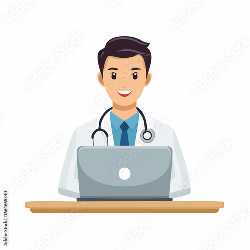 Smiling doctor in lab coat with stethoscope using laptop on desk