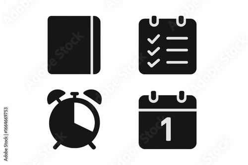 Productivity icon set with essential tools for time management and organization. Minimal solid glyphs for journal, to-do list, habit tracker, and daily schedule vector.