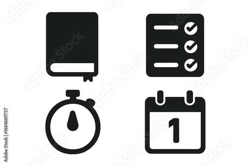 Productivity icon set for time management and daily planning. Includes minimalist vector icons for journal, to-do list, habit tracker, focus timer, and calendar schedule.