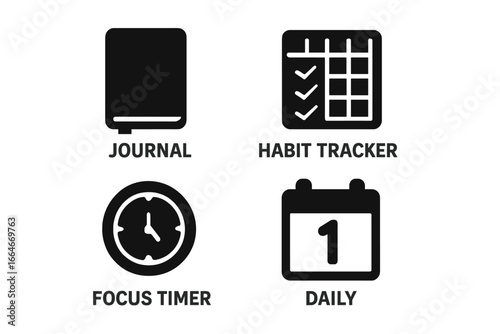 Productivity icons for time management, self-improvement. Vector symbols: journal, habit tracker, focus timer, daily planner. Minimalist solid glyphs for organization.