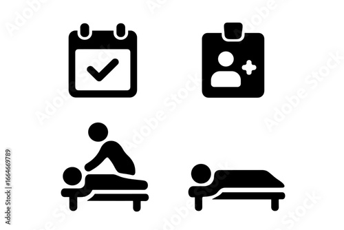Massage therapy icon set for spa, wellness, and physiotherapy. Vector glyphs for booking an appointment, client registration, therapist ID, and body treatment on a table.