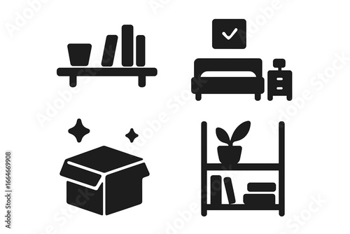 Minimalist lifestyle solid glyph icons set. Decluttering and home organization concept. Tidy room, simple furniture, clean space. Vector pictograms for simple living.