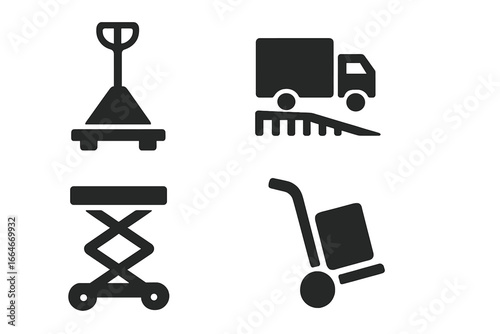 Material handling icon set with pallet jack, truck on loading ramp, scissor lift, and dolly. Warehouse and logistics equipment symbols for freight, cargo, shipping, delivery.