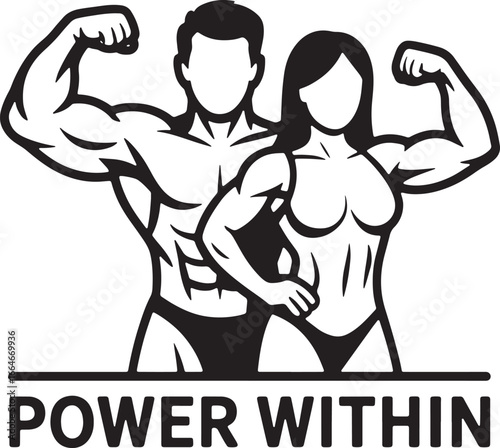 Muscular Man and Woman Bodybuilders Flexing Biceps with Text Power Within bodybuilding fitness