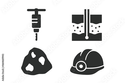 Mining glyph icons set. Geological drilling, core drill for soil samples, borehole exploration, ore rock, and miner safety helmet. Solid industrial vector symbols collection.