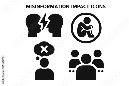 Misinformation impact vector icon set. Fake news consequences concept. Icons for social division, conflict, broken trust, mental health issues, anxiety, and group polarization.