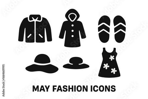 Spring fashion icon set for May weather. Vector glyphs of seasonal clothes: light jacket, raincoat for rain, and sunhat, sandals, floral dress for sunny days. Solid black icons.