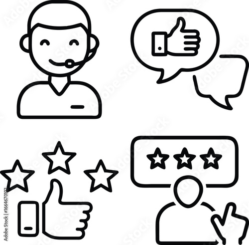A collection of line art icons representing customer service, positive feedback, ratings, and satisfaction with thumbs up and stars.