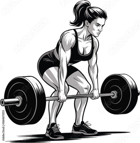 Muscular woman performing deadlift with barbell in black and white weightlifting fitness