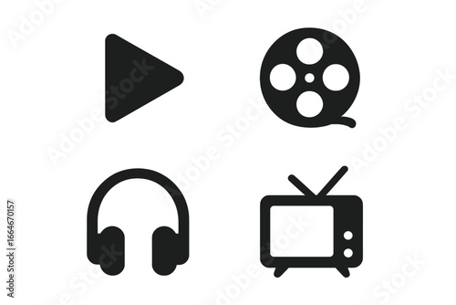 Media subscription service icon set. Solid glyph pictograms for digital entertainment. Play button, movie reel, headphones and television symbols for streaming apps.
