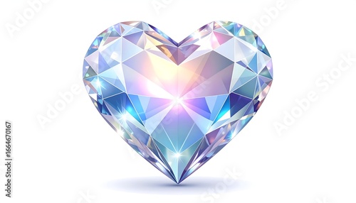 A radiant, heart-shaped gemstone with iridescent facets and a soft glow