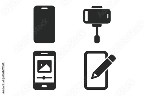 Mobile content creation icon set. Solid glyph icons for social media, vlogging, and blogging. Vector symbols of smartphone, selfie stick, photo editing app, and writing.