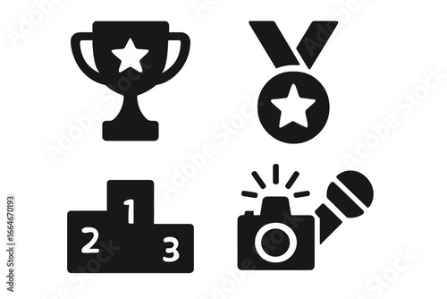 Competition award winner glyph icon set. Trophy cup, medal, and winners podium. Press interview with camera flash and microphone. Solid vector silhouette for championship event.