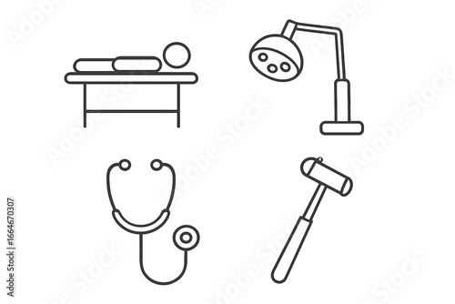 Medical icon set for physical examination. Vector line art icons of patient on table, examination lamp, stethoscope, and reflex hammer for healthcare and diagnosis concepts.