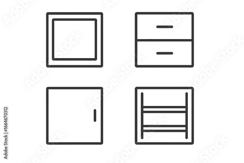 Modular Storage Icon Set with Open Cubby, Drawer Unit, Cabinet Door, Adjustable Shelf. Outline Vector Illustration of Versatile Home and Office Organization Units