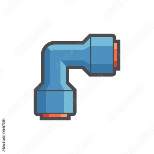PE fitting joint vector icon for connecting PE pipes at 90-degree angle in water filtration systems, fog mist setups and sprinkler systems. Component in irrigation technology and smart gardening.