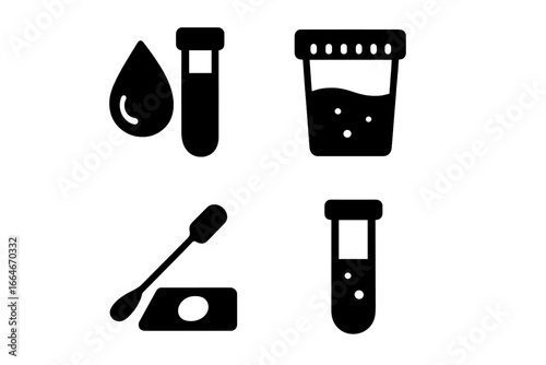 Medical testing solid glyph icon set. Blood test, urine sample, lab analysis, and swab test icons. Vector illustration for concepts like diagnostics, healthcare, and research.