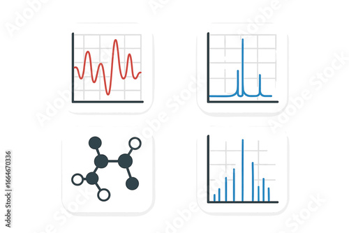 Isometric Flat Icon Set of 4 Molecular and Spectroscopic Analysis Concepts, Infrared Spectrum Graph, NMR Spectrum, Mass Spectrometry Vector, Molecular Structure Illustration