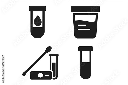 Vector icon collection for medical diagnostics. Blood test in tube, urine analysis cup, rapid antigen swab test kit. Laboratory sample icons for healthcare and disease testing.