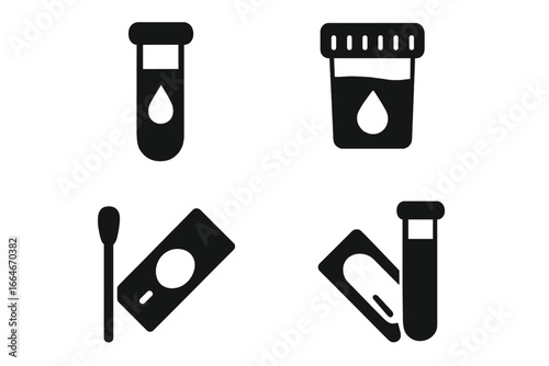Medical testing solid icon set. Lab diagnostics symbols for blood test, urine sample analysis, and rapid swab test. Vector glyph pictograms for healthcare screening concept.