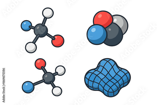 Molecular Modeling Tools Icons Set, Isometric Flat Design with Ball-and-Stick and Space-Filling Models, Scientific Vector Illustration on Transparent Background, Chemistry and Research Symbols