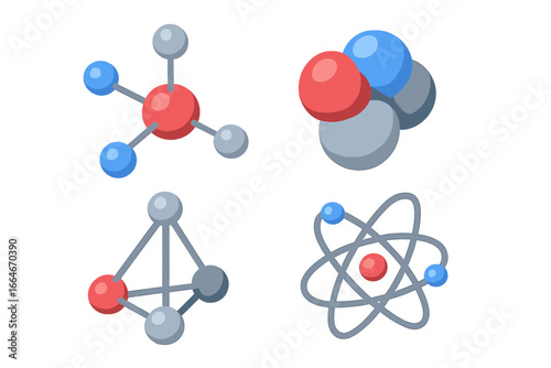 Isometric Molecular Modeling Tools Icons Set of 4, Ball-and-Stick and Space-Filling Models Vector Illustration, Science and Chemistry Design Elements