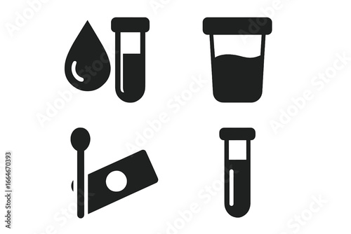 Medical testing icon set. Solid glyph icons for lab analysis, including blood test with drop and tube, urine sample cup, buccal swab with microscope slide. Vector illustration.
