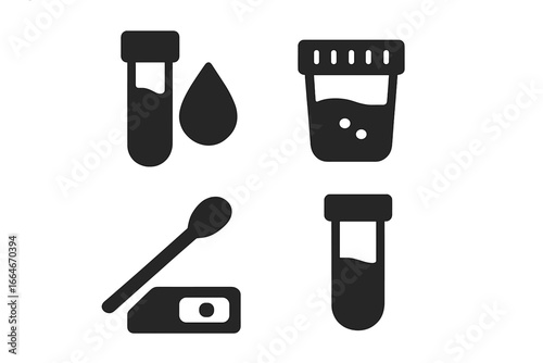 Medical testing solid icon set. Blood test with drop, urine sample cup, rapid antigen swab test, lab specimen tube. Vector symbols for diagnostics, healthcare, analysis, medicine.