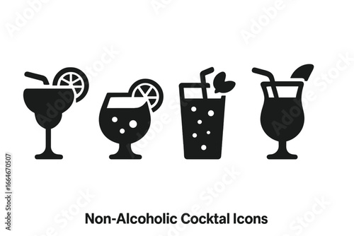 Solid Filled Vector Icons of Four Non-Alcoholic Cocktail Styles Including Mocktail Glass, Fruit Punch, Soda Mixer with Straw and Fruit Garnishes, Transparent Background