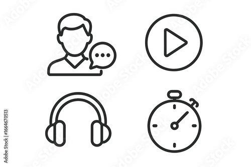 Guided meditation and audio podcast icon set. Narrator, play button, headphones, timer. Vector outline icons for mindfulness app, sound therapy, and audio guide listening.