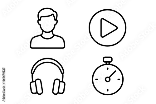 Guided meditation vector icon set. Outline symbols for mindfulness app: narrator, play button, headphones, timer. Wellness, audio relaxation & podcast elements collection.