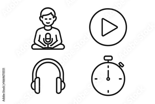 Guided meditation icon set for mindfulness app. Narrator, podcast, and audio guide elements. Line art symbols for play, timer, headphones. Vector for mental health.