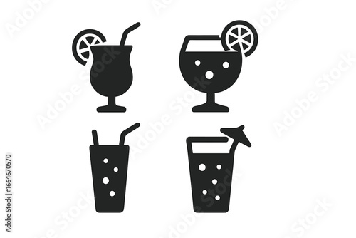 Set of 4 Solid Filled Non-Alcoholic Cocktail and Mocktail Icons, Vector Illustration of Fruit Punch, Soda Mixer, Refreshing Beverage Glasses with Garnish, Isolated Symbols