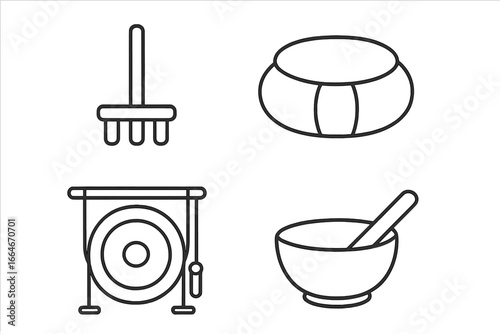 Meditation icon set with spiritual retreat objects. Outline vector illustration of zen garden rake, zafu cushion, gong, and singing bowl. Wellness and mindfulness symbols.