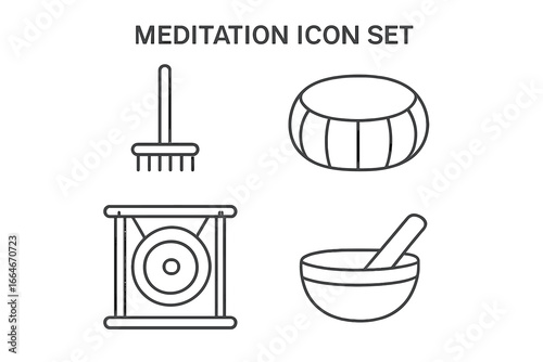 Meditation icon set for mindfulness and relaxation. Vector outline symbols of zen garden rake, zafu cushion, gong, and singing bowl. Wellness and spiritual retreat concept.