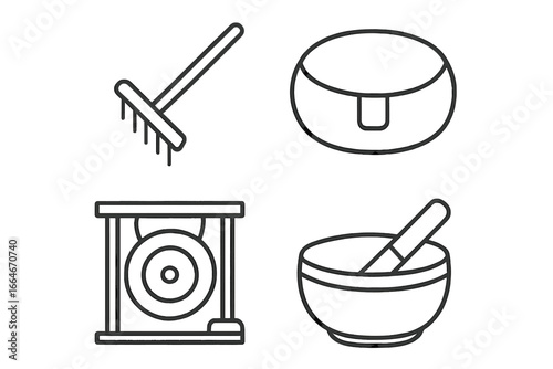 Meditation outline icon set with spiritual retreat objects. Includes zen garden rake, zafu cushion, gong, and Tibetan singing bowl for yoga, sound healing and mindfulness.